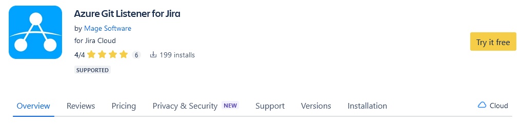 Azure Git Listener on the Atlassian Marketplace
