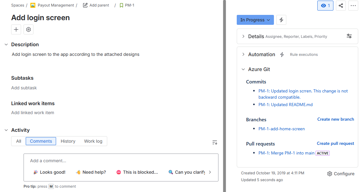 Azure Git Listener panel on a Jira issue