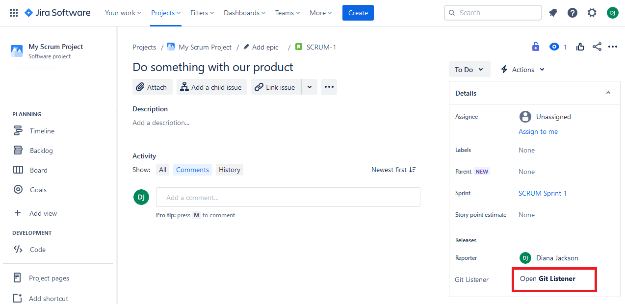 Git Listener panel on a Jira issue