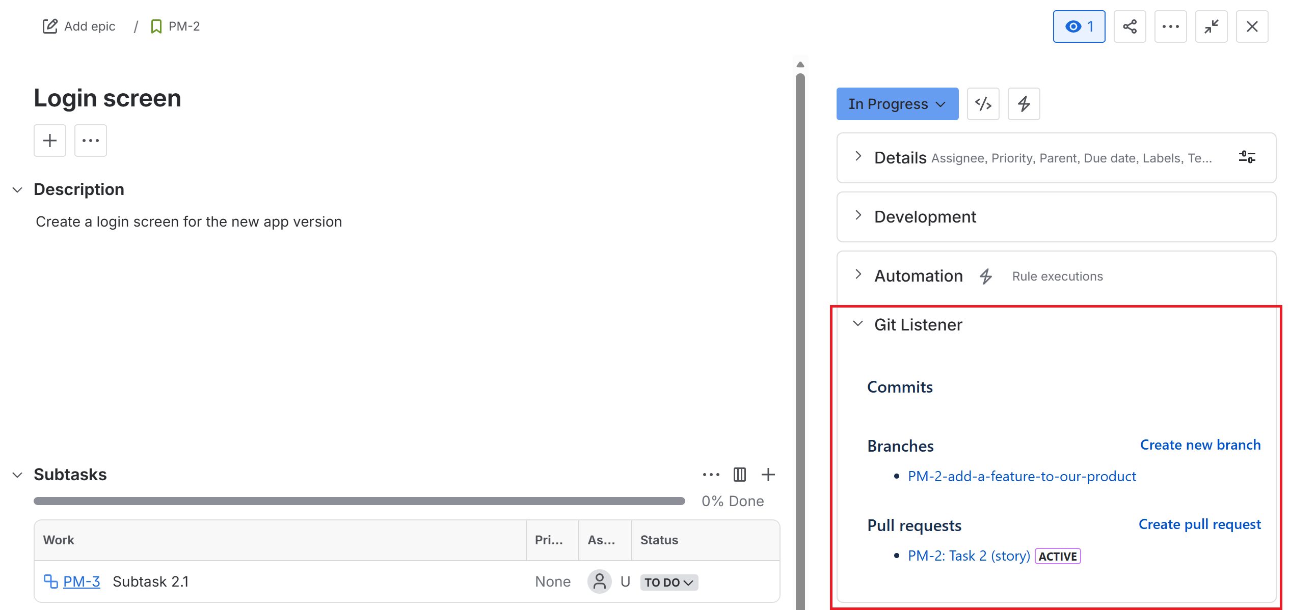 Git Listener panel inside a Jira issue